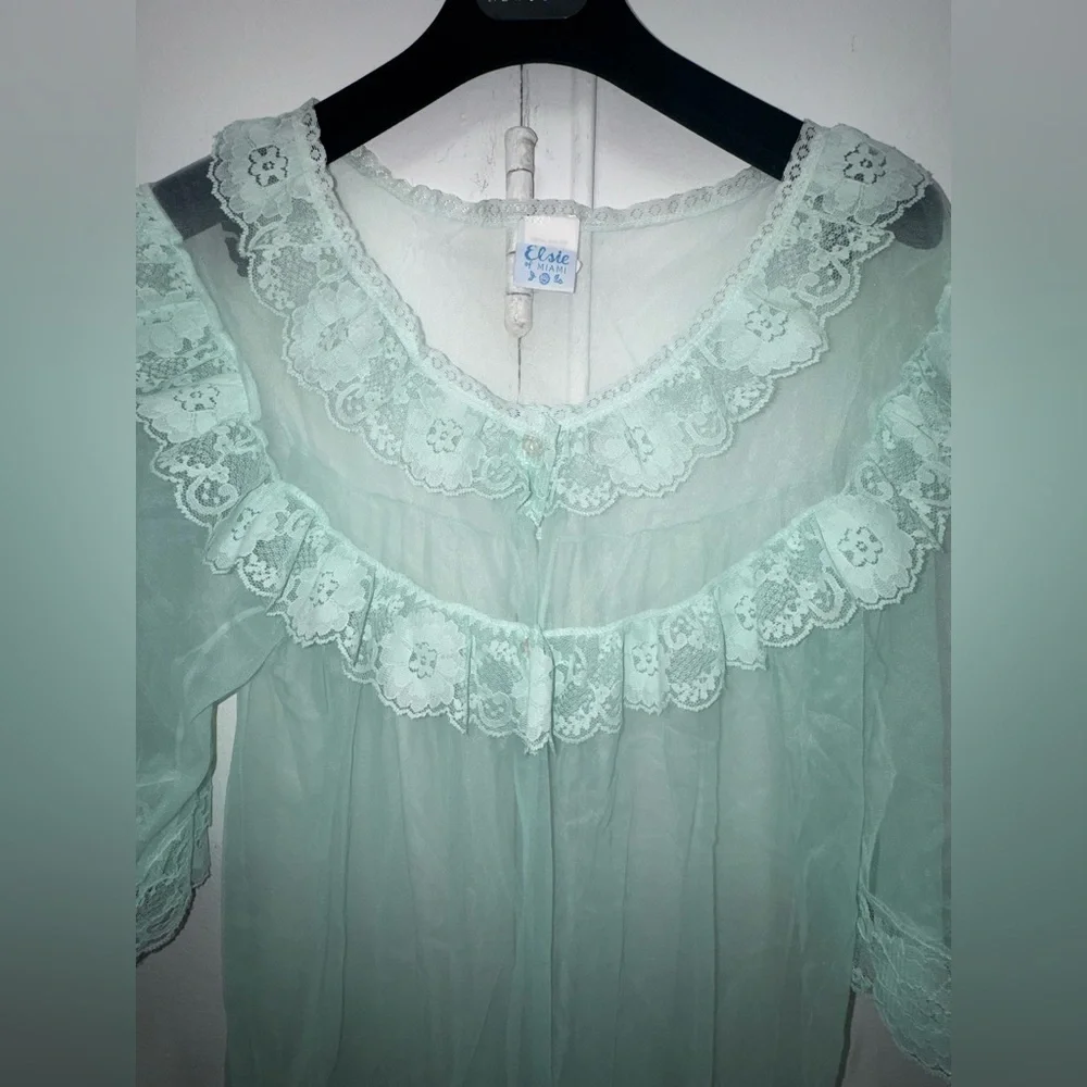 Elsie of Miami Vintage sheer nightgown 1950s or 1960s mint green nylon lace